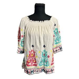 Feratelli Colorful Floral Embroidered Cotton Peasant Blouse Size M